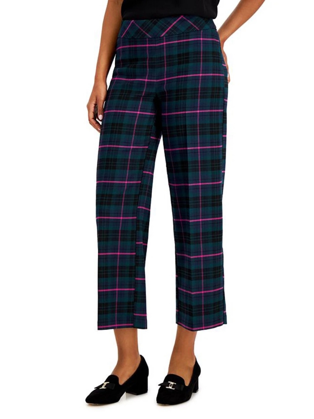 NEW Charter Club Wide Leg Crop Pants in Green, Blue, and Pink Plaid - Size 14